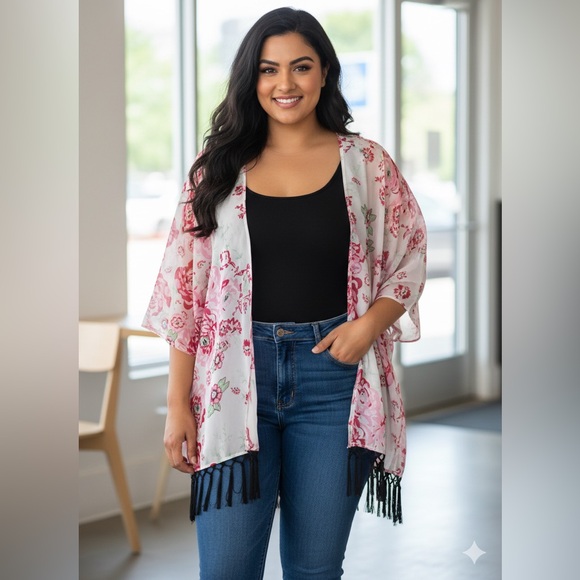 Simply NYC Pink Floral Shrug with Black Fringe - Picture 6 of 6